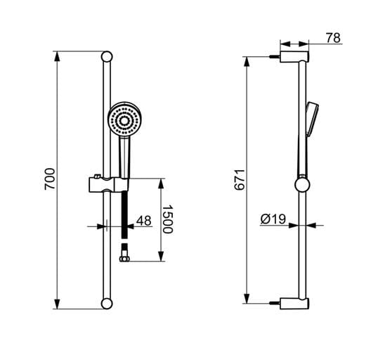 HANSA BASIC sprchová súprava 3-dielna, ručná sprcha pr. 90 mm, tyč, hadica, chróm 55780113 Technický nákres