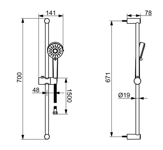 HANSA BASIC sprchová súprava 3-dielna, ručná sprcha pr. 90 mm, 3 prúdy, tyč, hadica, chróm 55780133 Technický nákres