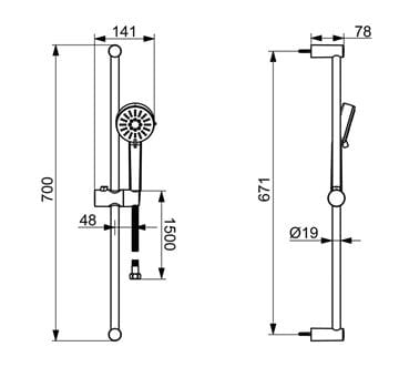 HANSA BASIC sprchová súprava 3-dielna, ručná sprcha pr. 90 mm, 3 prúdy, tyč, hadica, chróm 55780133 Technický nákres