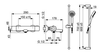 HANSA BASIC vaňová nástenná termostatická batéria, s prepínačom, so sprchovou súpravou, chróm 55162131 Technický nákres