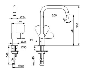 HANSA BASIC drezová batéria, chróm 55562203 Technický nákres