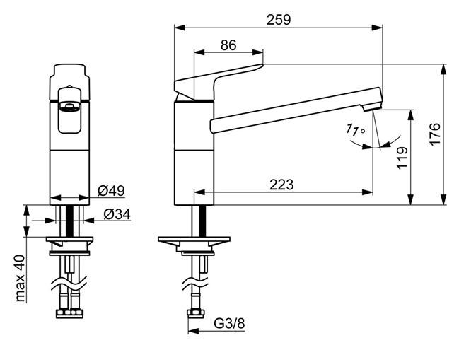 HANSA BASIC drezová batéria, chróm 55482203 Technický nákres