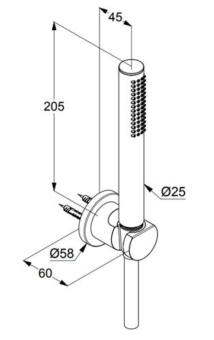 KLUDI NOVA FONTE PURISTIC 1S sprchová súprava 3-dielna, ručná sprcha 205 mm, hadica, držiak, matná biela 2085053-15 Technický nákres