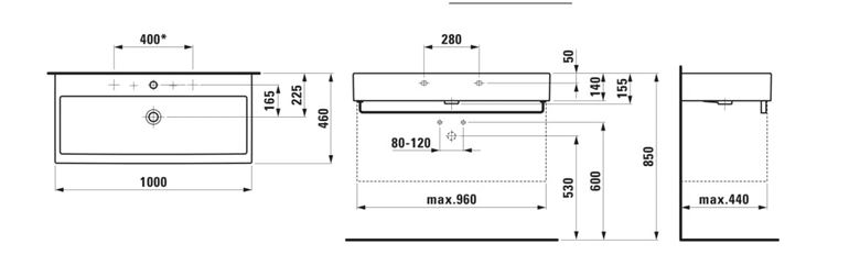 LAUFEN LIVING CITY umývadlo 100 cm, s 2 otvormi pre batérie a prepadom H8184370001071 Technický nákres