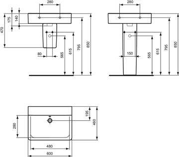 IDEAL STANDARD CONNECT CUBE umývadlo 60 cm prepadom, biela E810101 Technický nákres