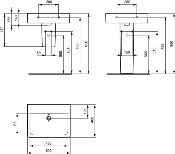 IDEAL STANDARD CONNECT CUBE umývadlo 60 cm prepadom, biela E810101 Technický nákres