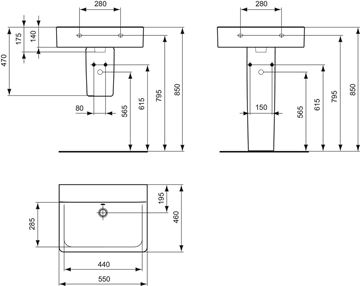 IDEAL STANDARD CONNECT CUBE umývadlo 55 cm, s prepadom E811101 Technický nákres