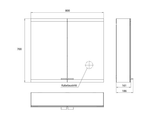 EMCO EVO zrkadlová skrinka 80x70x18,6 cm, osvetlenie s reguláciou stmievania a teploty svetla, s vypínačom a el. zásuvkou, hliník, strieborná 939708004 Technický nákres
