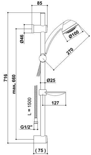 RAF sprchový set 716mm, anticalcare, chróm SK508 Technický nákres