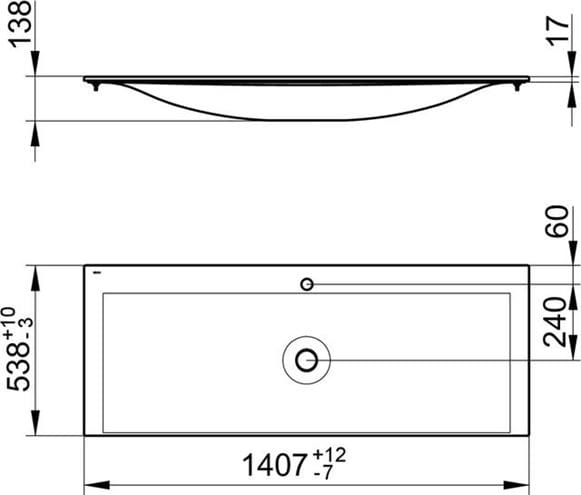 KEUCO EDITION 11 umývadlo 140,7 cm, s otvorom pre batériu a prepadom, CleanPlus 31160311401 Technický nákres