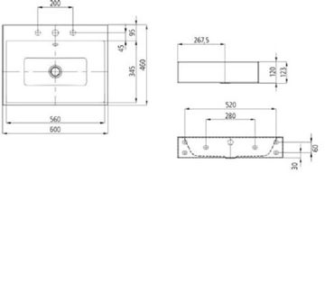 KALDEWEI PURO 3164 umývadlo 60 cm, s otvorom pre batériu a prepadom, smaltovaná oceľ, Perl-Effekt, alpská biela 901406013001 Technický nákres