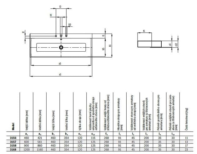KALDEWEI PURO 3157 umývadlo na dosku 60 cm, s otvorom pre batériu a prepadom, smaltovaná-oceľ, Perl-Effekt, alpská biela 900706013001 Technický nákres