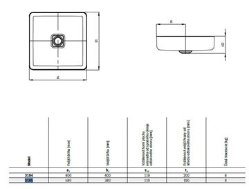 KALDEWEI MIENA 3185 umývadlo na dosku 58 cm, bez prepadu, smaltovaná oceľ, Perl-Effect, alpská biela 909606003001 Technický nákres