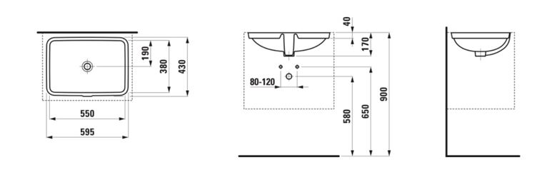 LAUFEN PRO S umývadlo 55 cm, s prepadom H8119630001091 Technický nákres