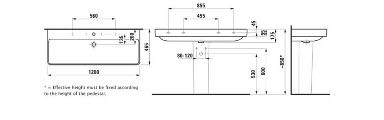 LAUFEN PRO S umývadlo 120 cm, s otvorom pre batériu a prepadom H8149650001041 Technický nákres