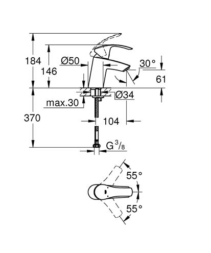 GROHE EUROSMART umývadlová stojanková batéria, chróm 32467002 Technický nákres
