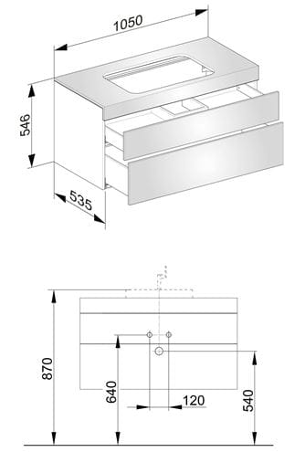KEUCO EDITION 400 skrinka pod umývadlo 105x53,5x54,6 cm, 2 zásuvky, Push-open, biela 31572380000 Technický nákres