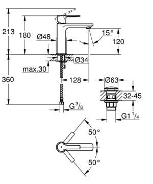GROHE LINEARE umývadlová stojanková batéria, s odtokovou súpravou, chróm 23106001 Technický nákres