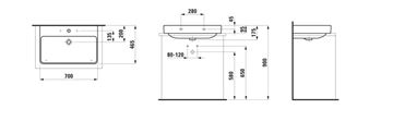 LAUFEN PRO S umývadlo 70 cm, s otvorom pre batériu a prepadom, LCC H8169674001041 Technický nákres