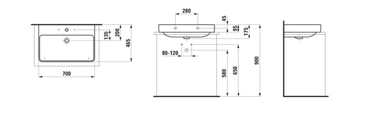 LAUFEN PRO S umývadlo 70 cm, s otvorom pre batériu a prepadom, LCC H8169674001041 Technický nákres