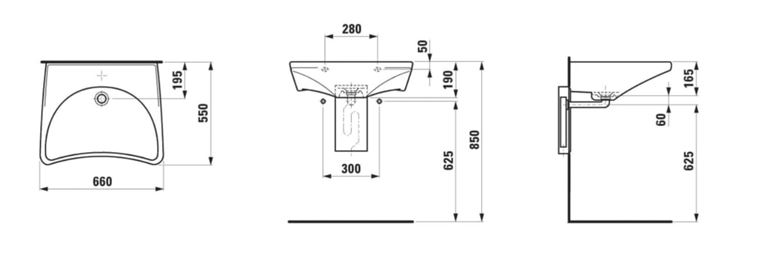 LAUFEN REHAB bezbariérové umývadlo 66 cm, s otvorom pre batériu, bez prepadu H8106030001041 Technický nákres