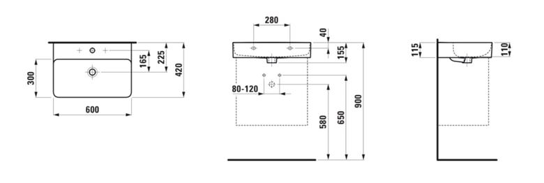 LAUFEN VAL umývadlo 60 cm, s prepadom H8102830001091 Technický nákres