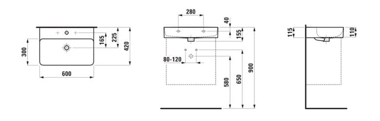 LAUFEN VAL umývadlo 60 cm, s otvorom pre batériu a prepadom H8102830001041 Technický nákres