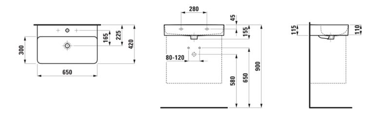 LAUFEN VAL umývadlo 65 cm, s otvorom pre batériu a prepadom H8102840001041 Technický nákres