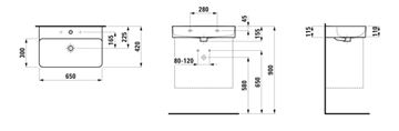 LAUFEN VAL umývadlo 65 cm, s otvorom pre batériu a prepadom H8102840001041 Technický nákres