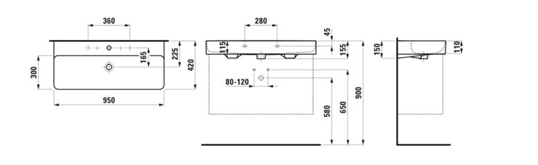 LAUFEN VAL umývadlo 95 cm, s otvorom pre batériu a prepadom H8102870001041 Technický nákres