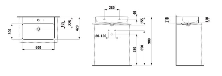 LAUFEN VAL umývadlo na dosku 60 cm, s otvorom pre batériu a prepadom, brúsené H8162830001041 Technický nákres