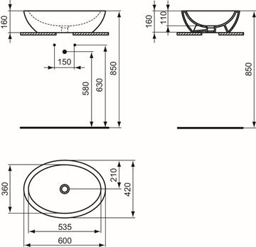 IDEAL STANDARD STRADA O umývadlová misa 60 cm, bez prepadu, Ideal Plus K0784MA Technický nákres