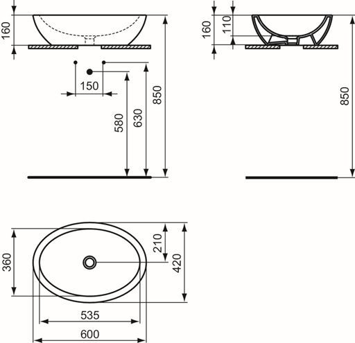 IDEAL STANDARD STRADA O umývadlová misa 60 cm, bez prepadu, Ideal Plus K0784MA Technický nákres