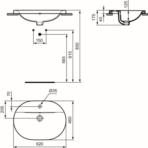 IDEAL STANDARD CONNECT umývadlo 62 cm, s otvorom pre batériu a prepadom E504001 Technický nákres