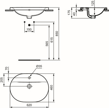 IDEAL STANDARD CONNECT umývadlo 62 cm, s otvorom pre batériu a prepadom E504001 Technický nákres