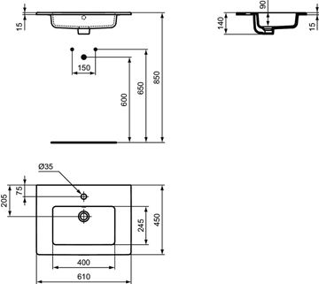 IDEAL STANDARD CONNECT TEMPO umývadlo 61 cm, s otvorom pre batériu a prepadom E066801 Technický nákres