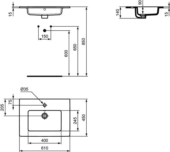 IDEAL STANDARD CONNECT TEMPO umývadlo 61 cm, s otvorom pre batériu a prepadom E066801 Technický nákres