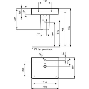 IDEAL STANDARD CONNECT CUBE umývadielko 40 cm, s otvorom pre batériu a prepadom, Ideal Plus E7137MA Technický nákres