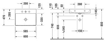 DURAVIT DURASQUARE umývadlo 60 cm, s otvorom pre batériu, bez prepadu 2353600041 Technický nákres