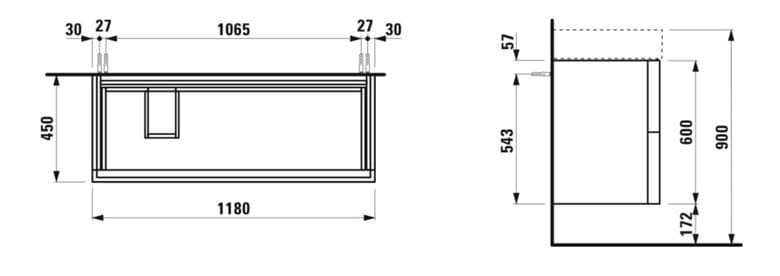 LAUFEN KARTELL skrinka pod umývadlo 118x45x60 cm, 2 zásuvky, Push-open, s organizérom, matná biela H4076480336401 Technický nákres