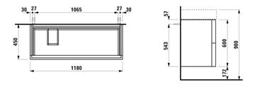 LAUFEN KARTELL skrinka pod umývadlo 118x45x60 cm, 2 zásuvky, Push-open, s organizérom, matná biela H4076480336401 Technický nákres