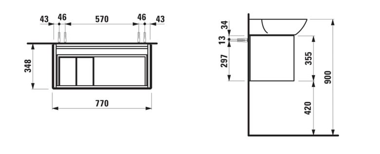LAUFEN INO skrinka pod umývadlo 77x34, 8x35, 5 cm, 1 zásuvka, Push-open, matná biela H4254010301701 Technický nákres
