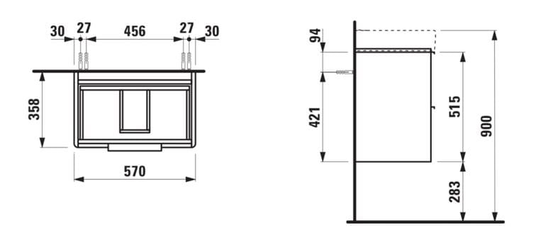 LAUFEN BASE skrinka pod umývadlo 57x35,8x51,5 cm, 2 zásuvky, lesklá biela H4022121102611 Technický nákres