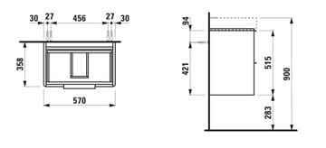 LAUFEN BASE skrinka pod umývadlo 57x35,8x51,5 cm, 2 zásuvky, lesklá biela H4022121102611 Technický nákres