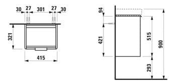 LAUFEN BASE skrinka pod umývadlo 41,5x32,1x51,5 cm, 1 dvierka, pánty vľavo, matná biela H4021111102601 Technický nákres