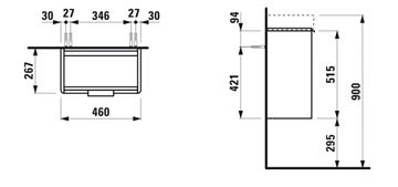 LAUFEN BASE skrinka pod umývadlo 46x26,7x51,5 cm, 1 dvierka, pánty vpravo, matná biela H4021021102601 Technický nákres