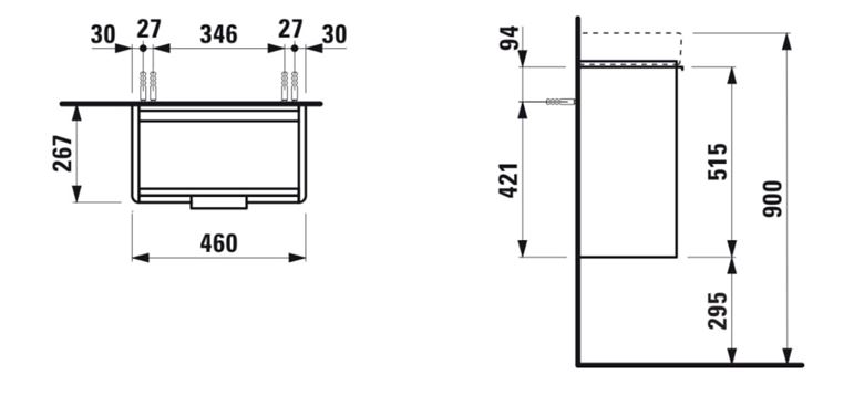 LAUFEN BASE skrinka pod umývadlo 46x26,7x51,5 cm, 1 dvierka, pánty vpravo, matná biela H4021021102601 Technický nákres