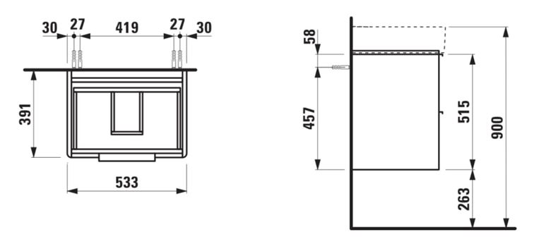 LAUFEN BASE skrinka pod umývadlo 53,3x39,1x51,5 cm, 2 zásuvky, biela mat H4021921102601 Technický nákres