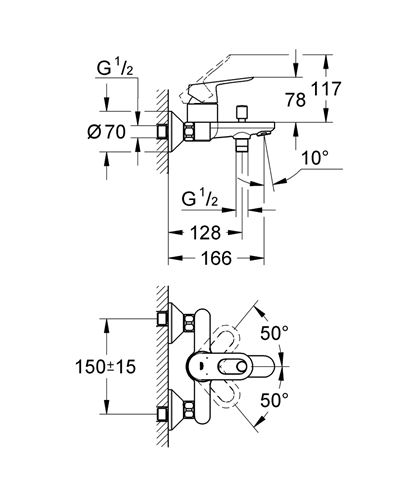 GROHE BAULOOP vaňová nástenná batéria, s prepínačom, chróm 23341000 Technický nákres