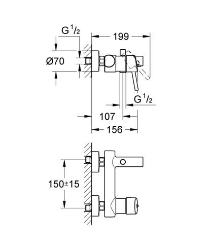 GROHE CONCETTO vaňová nástenná batéria, s prepínačom, chróm 32211001 Technický nákres